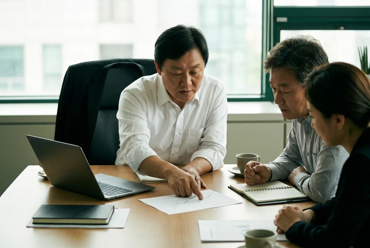 대표와 재무 담당자에게 자료를 설명하는 회의